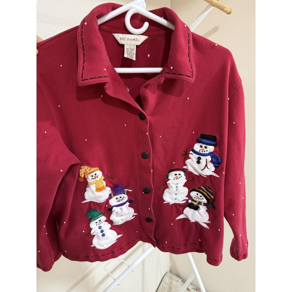 Bechamel Snowman Appliqué Cardigan Jacket Red Button Front L 90s Vintage